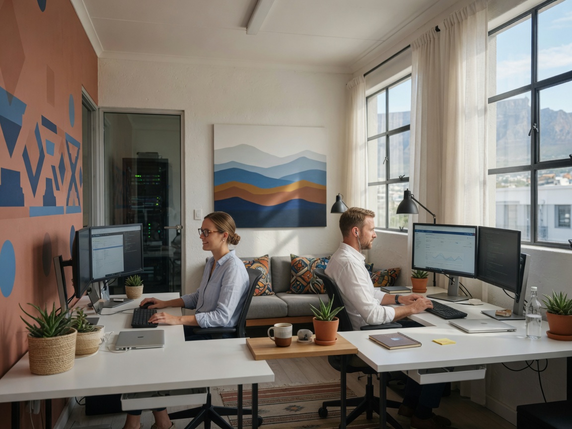 Modern small business office with IT systems and team